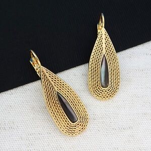 Gold Teardrop Earrings with Center Stone, Etched Design, South of France NWT